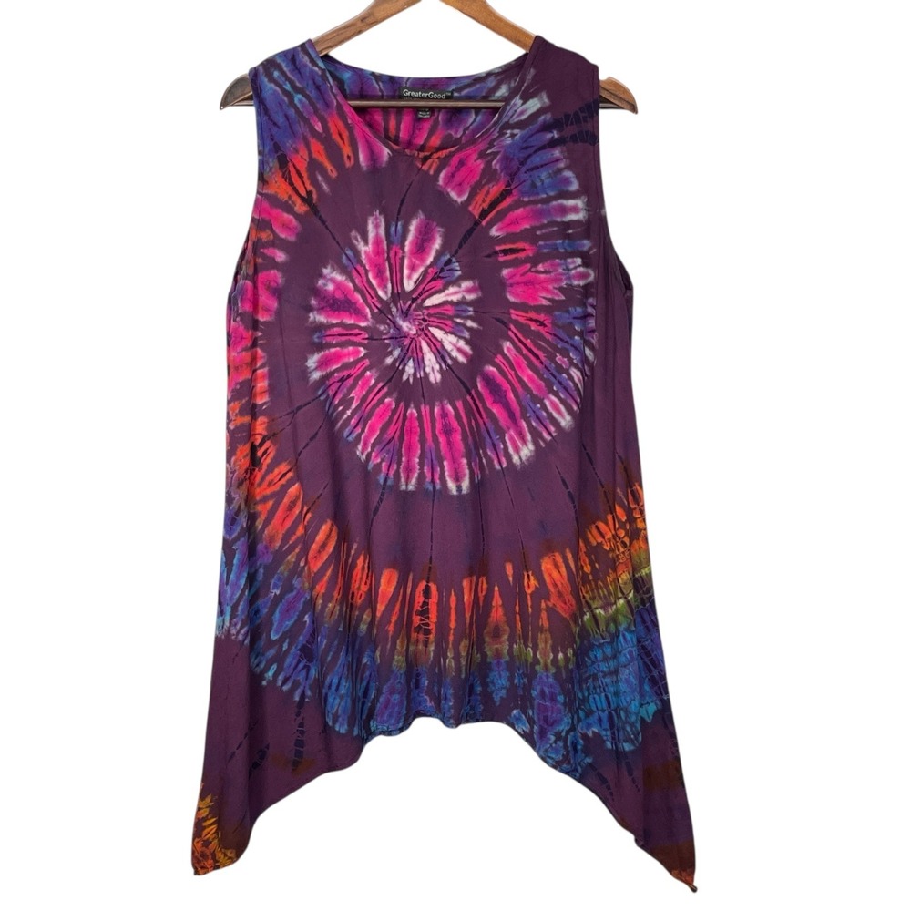 GreaterGood Womens Purple Tie Dye Spiral Sharkbite Hem Rayon Tunic Top S/M